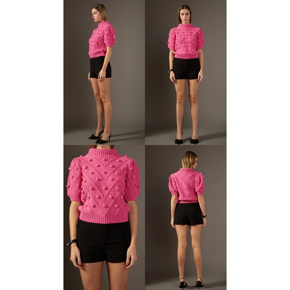 English Factory Hot Pink Bobble Chevron Knit Mock Neck Puff Sleeve Sweater M